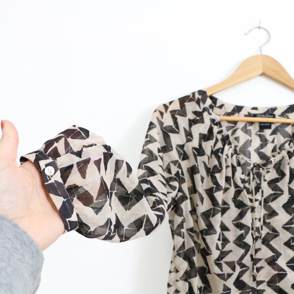 *Lucky Brand Blouse Large Sheer Herringbone Zig Zag Tie Neck Lightweight Blouse - Picture 5 of 7